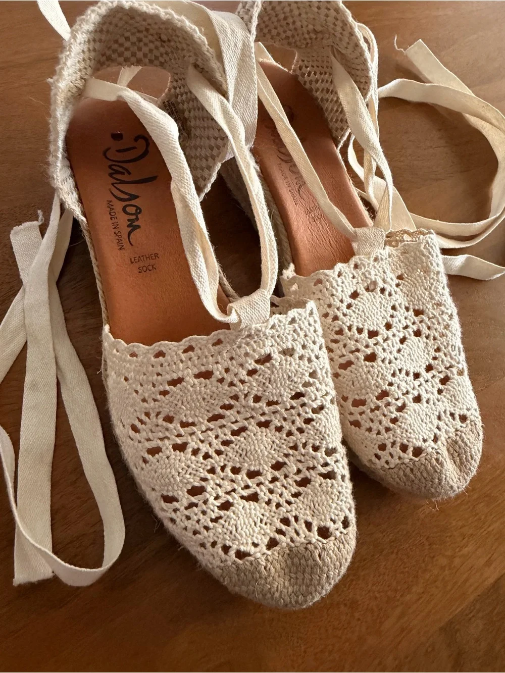 Crochet Espadrille Ankle-Tie Wedges in Cream